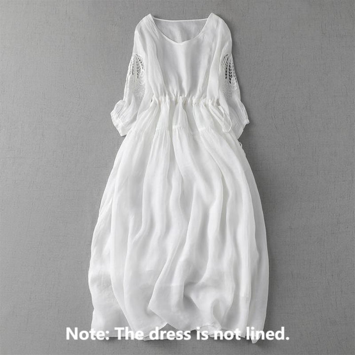 Buddha Stones Stickerei Patchwork Lange Puffärmel Kordelzug Midikleid mit Taschen - image 20