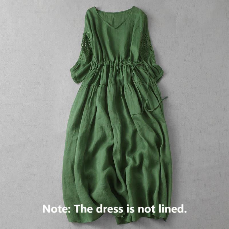 Buddha Stones Stickerei Patchwork Lange Puffärmel Kordelzug Midikleid mit Taschen - image 2