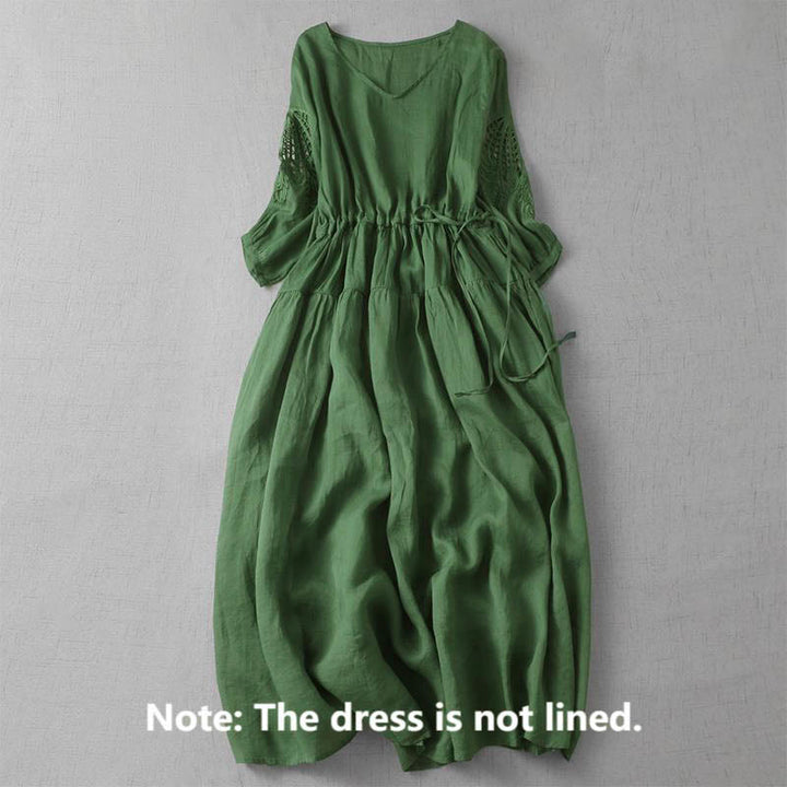 Buddha Stones Stickerei Patchwork Lange Puffärmel Kordelzug Midikleid mit Taschen - image 2