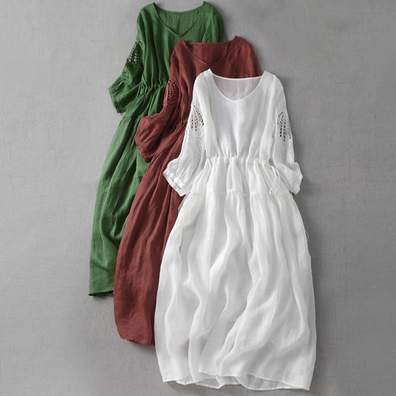 Buddha Stones Stickerei Patchwork Lange Puffärmel Kordelzug Midikleid mit Taschen - image 0