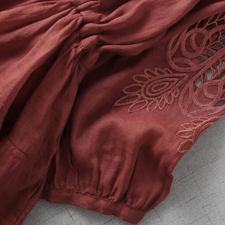 Buddha Stones Stickerei Patchwork Lange Puffärmel Kordelzug Midikleid mit Taschen - image 4