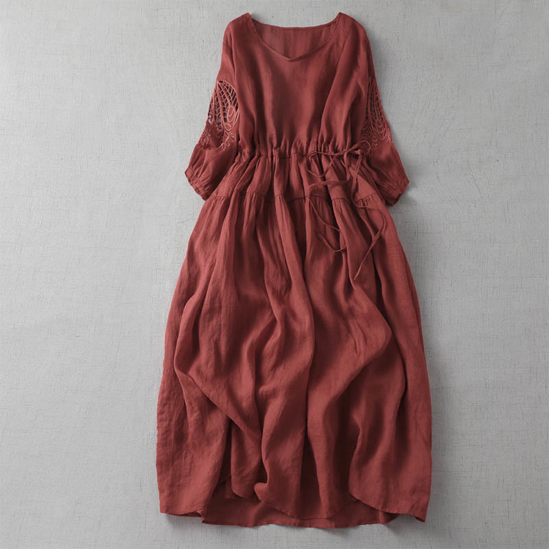 Buddha Stones Stickerei Patchwork Lange Puffärmel Kordelzug Midikleid mit Taschen - Purpurrot - US 8-10, UK/AU 12-14, EU 40-42 (2XL) - image 3