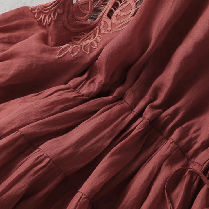 Buddha Stones Stickerei Patchwork Lange Puffärmel Kordelzug Midikleid mit Taschen - image 11