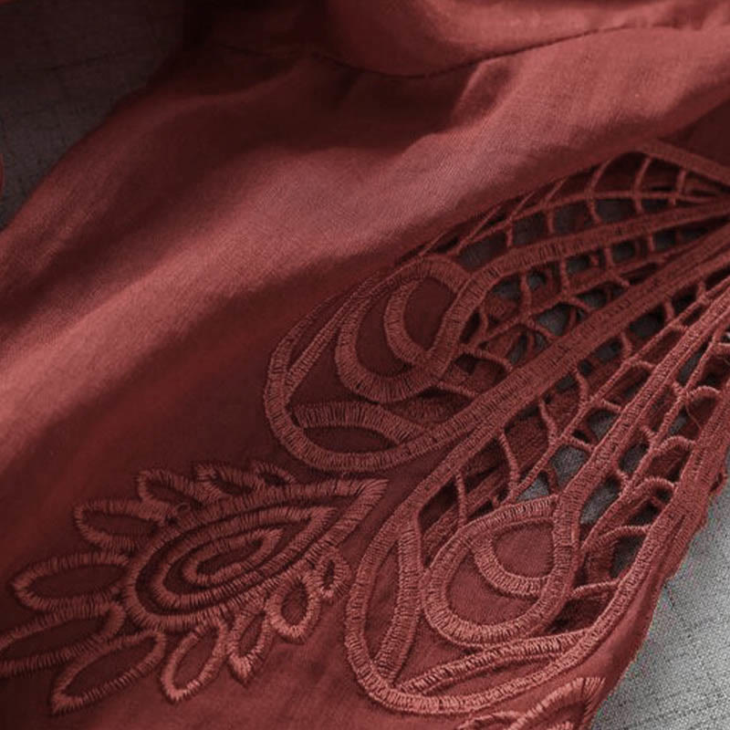 Buddha Stones Stickerei Patchwork Lange Puffärmel Kordelzug Midikleid mit Taschen - image 18