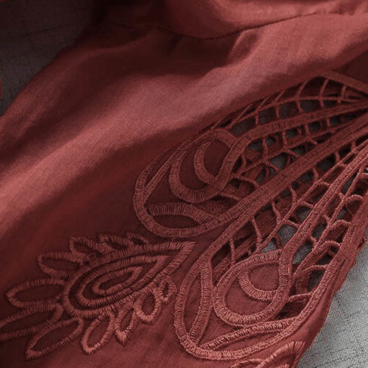 Buddha Stones Stickerei Patchwork Lange Puffärmel Kordelzug Midikleid mit Taschen - image 18