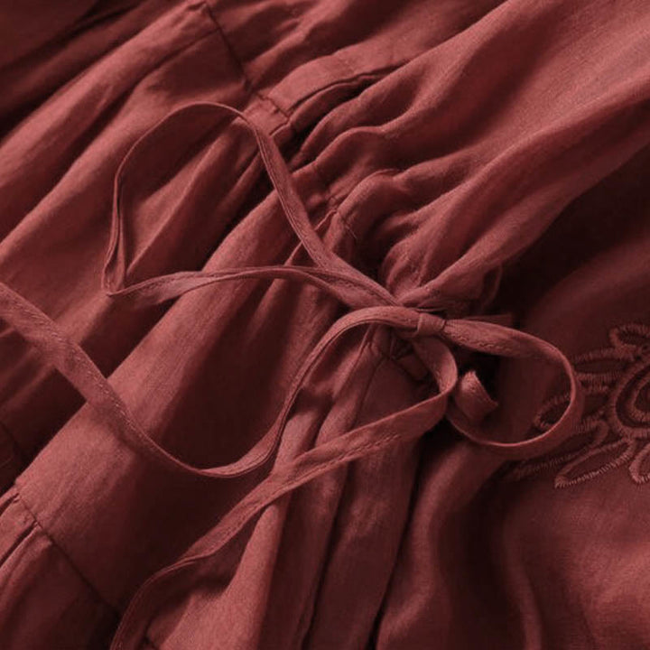 Buddha Stones Stickerei Patchwork Lange Puffärmel Kordelzug Midikleid mit Taschen - image 16