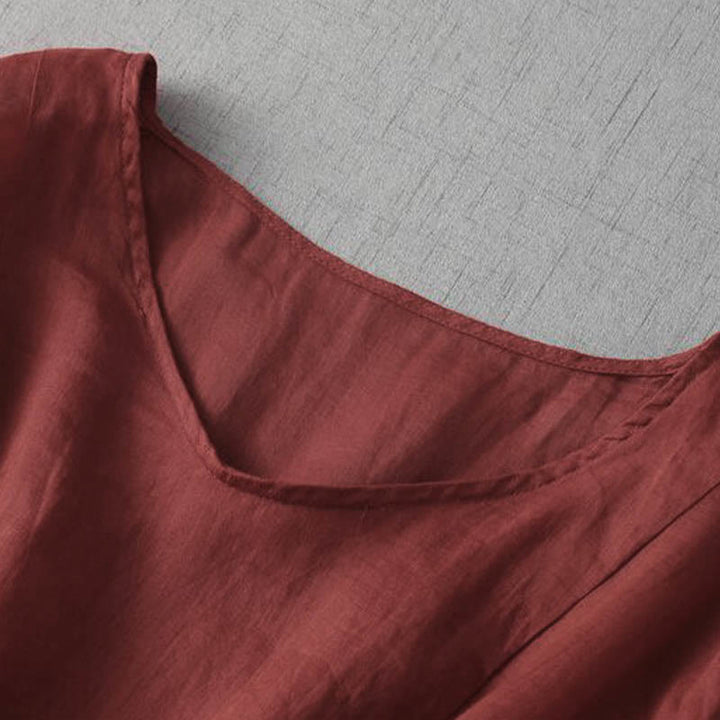 Buddha Stones Stickerei Patchwork Lange Puffärmel Kordelzug Midikleid mit Taschen - image 14