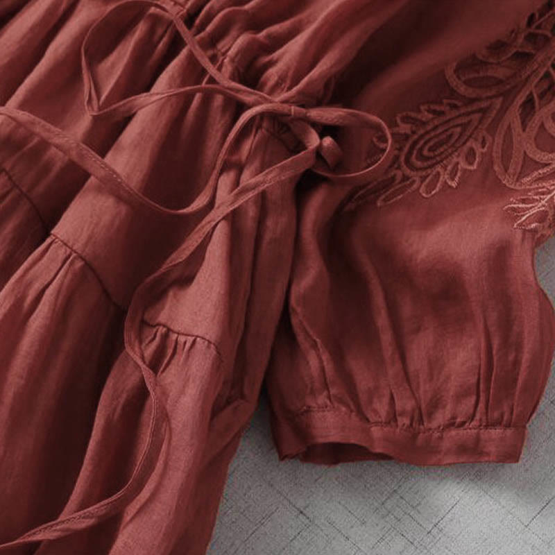 Buddha Stones Stickerei Patchwork Lange Puffärmel Kordelzug Midikleid mit Taschen - image 17