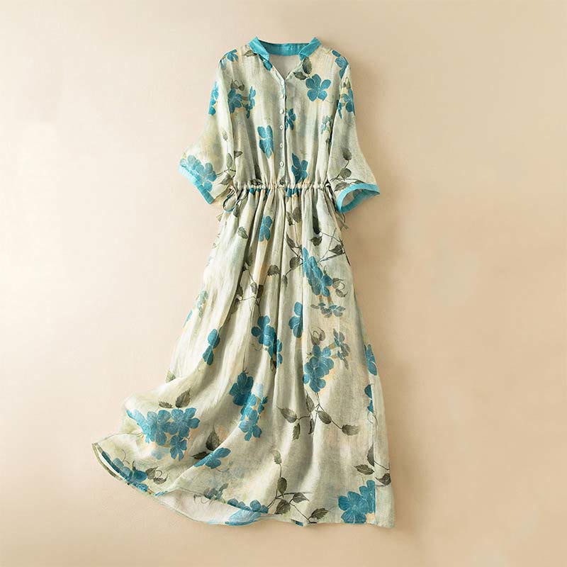 Buddha Stones – Midikleid mit halblangen Ärmeln, farblich kontrastierendem Blumenmuster und Taschen - Hellgrün - US12， UK/AU16，EU44 (3XL) - image 0