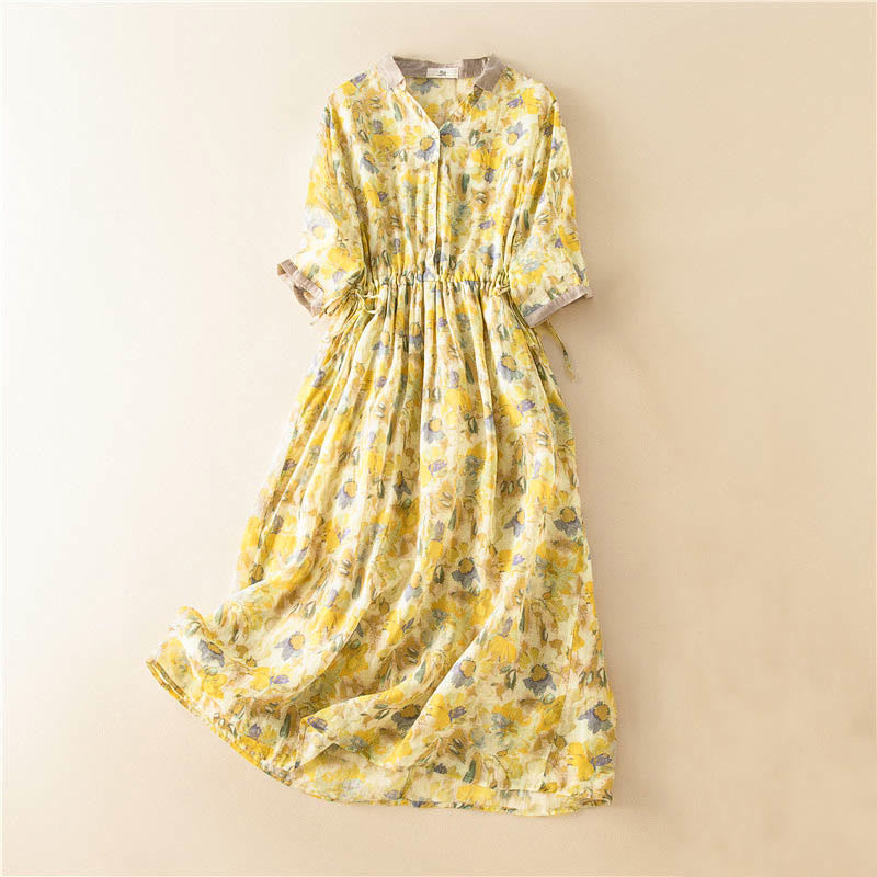 Buddha Stones – Midikleid mit halblangen Ärmeln, farblich kontrastierendem Blumenmuster und Taschen - Gelb - US12， UK/AU16，EU44 (3XL) - image 13