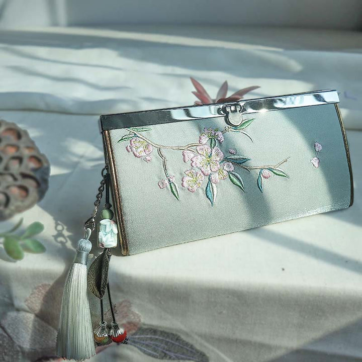 Buddha Stones, Blume, Pflaume, Pfirsichblüte, Bambus, doppelseitige Stickerei, großes Fassungsvermögen, Bargeldhalter, Geldbörse, Einkaufstasche - Grüne Pfirsichblüten - image 8