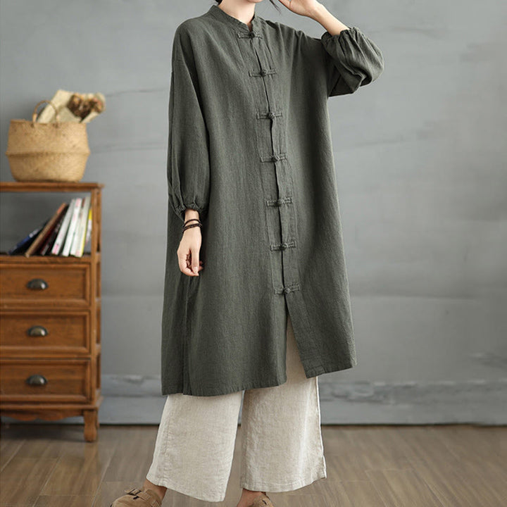 Buddha Stones Casual Damenmantel mit Froschknopfleiste und Taschen - image 10