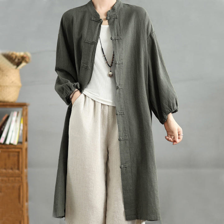 Buddha Stones Casual Damenmantel mit Froschknopfleiste und Taschen - image 6