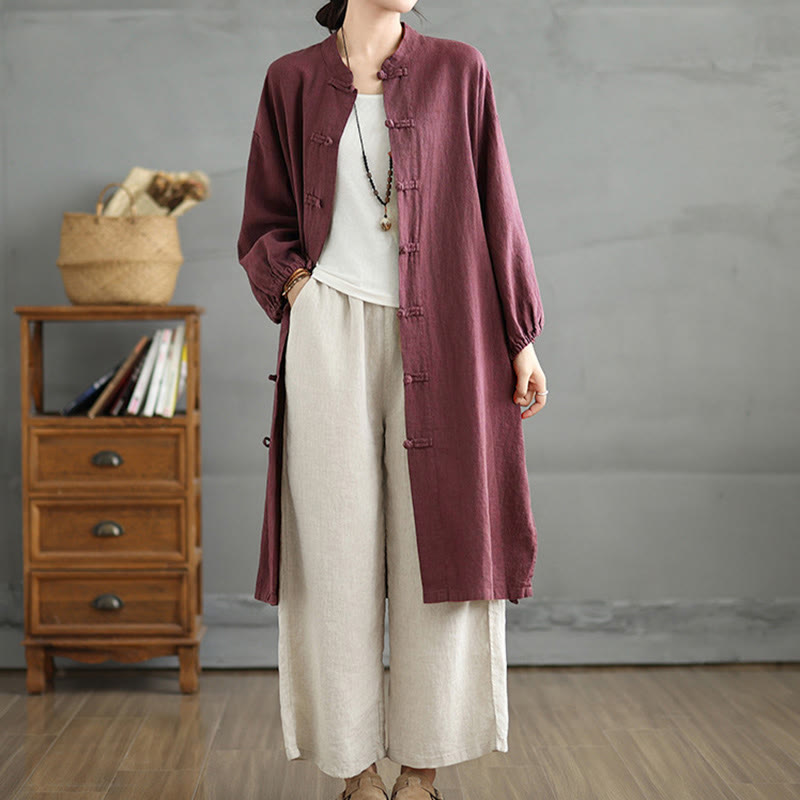 Buddha Stones Casual Damenmantel mit Froschknopfleiste und Taschen - image 3