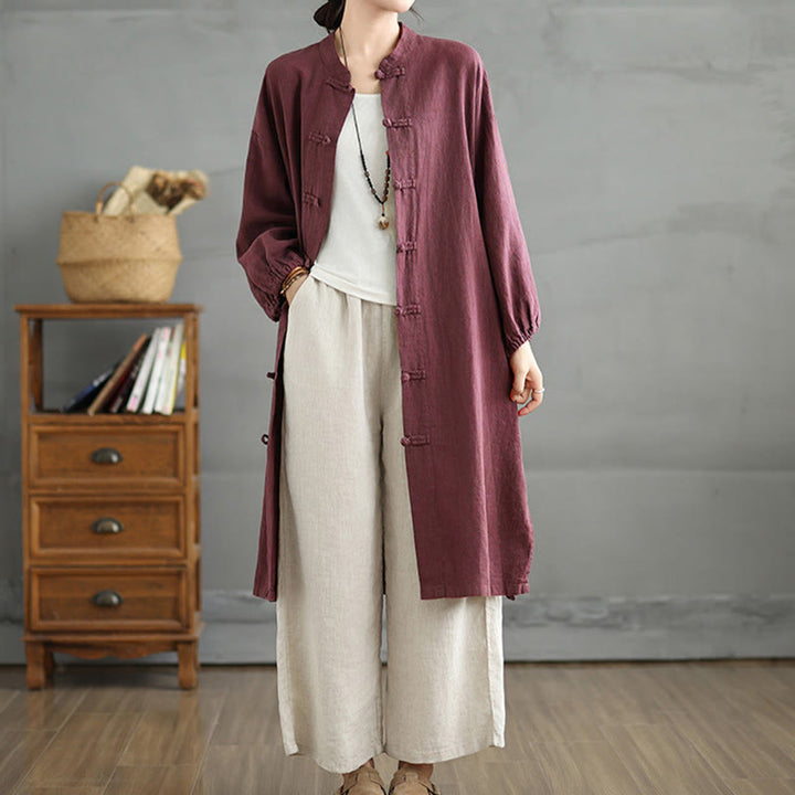Buddha Stones Casual Damenmantel mit Froschknopfleiste und Taschen - image 3