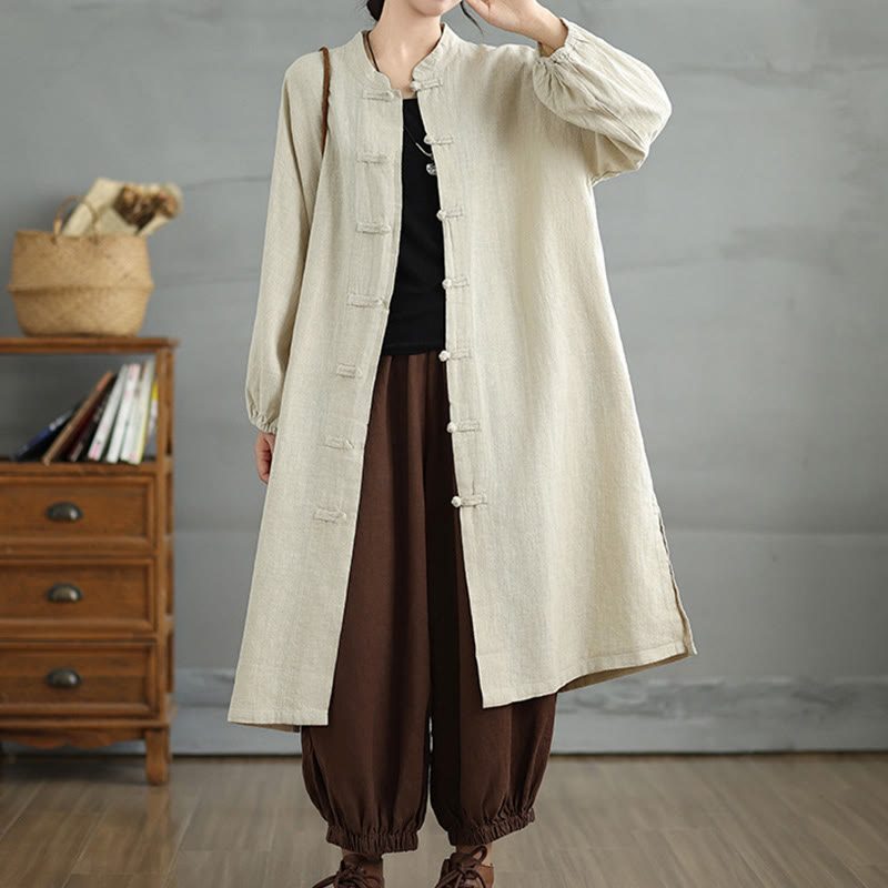 Buddha Stones Lässiger Damenmantel aus Baumwollleinen mit Froschknöpfen und Taschen - Beige - US12， UK/AU16，EU44 (2XL) - image 12