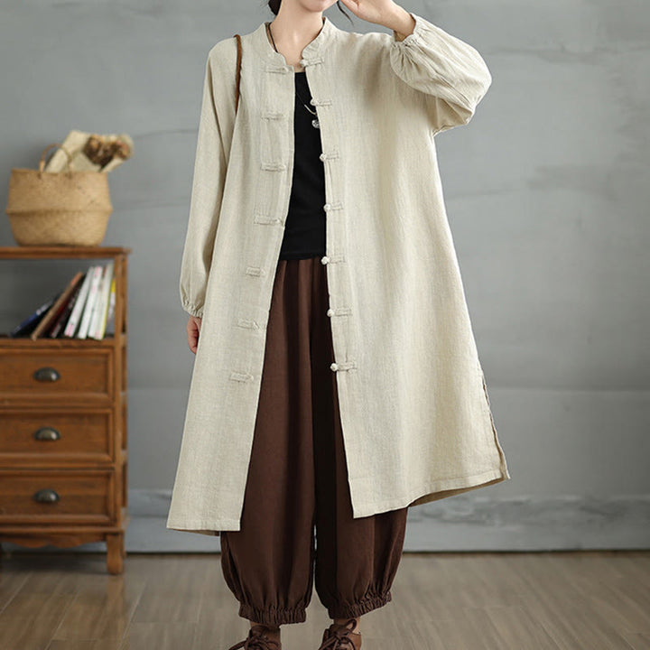 Buddha Stones Lässiger Damenmantel aus Baumwollleinen mit Froschknöpfen und Taschen - Beige - US12， UK/AU16，EU44 (2XL) - image 12
