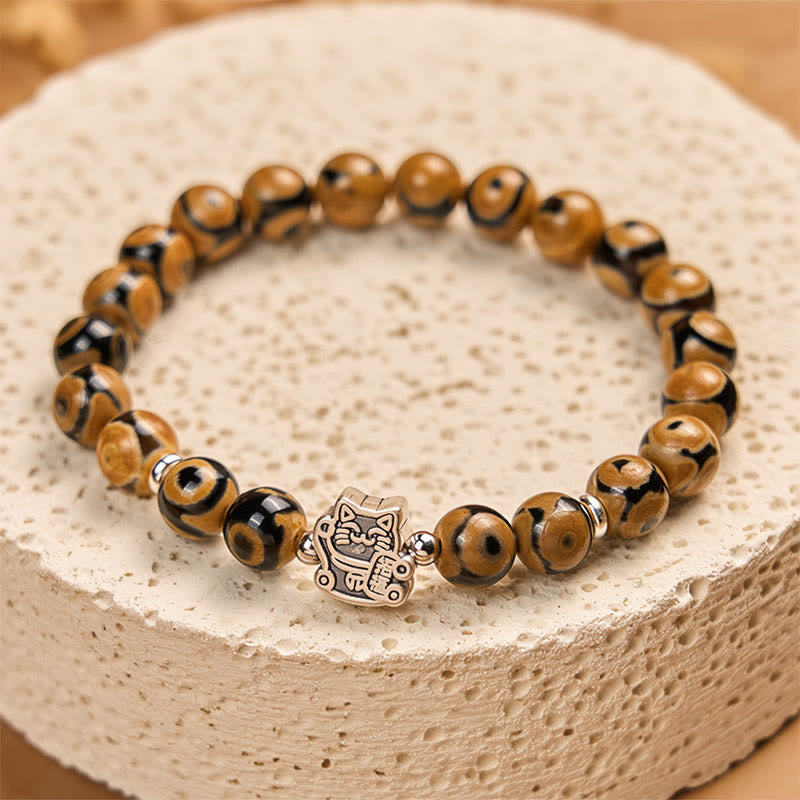Buddha Stones 925 Sterling Silber Braun getigerte Katze Stein Perle Segen Armband - image 1