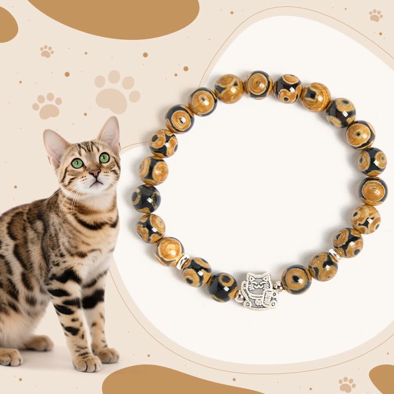 Buddha Stones 925 Sterling Silber Braun getigerte Katze Stein Perle Segen Armband - Braun getigert (Handgelenkumfang: 15–16 cm) - image 0