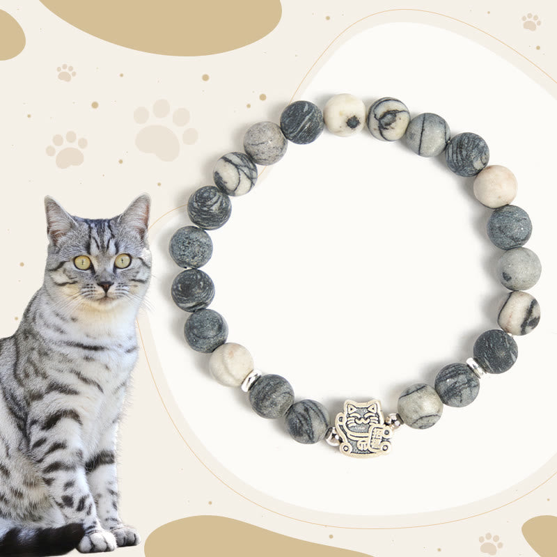 Buddha Stones Stabilitätsarmband aus 925er Sterlingsilber, grau getigerte Katze, natürlicher schwarz geäderter Jaspis - Grau getigerte Katze (Handgelenkumfang 15–16 cm) - image 0