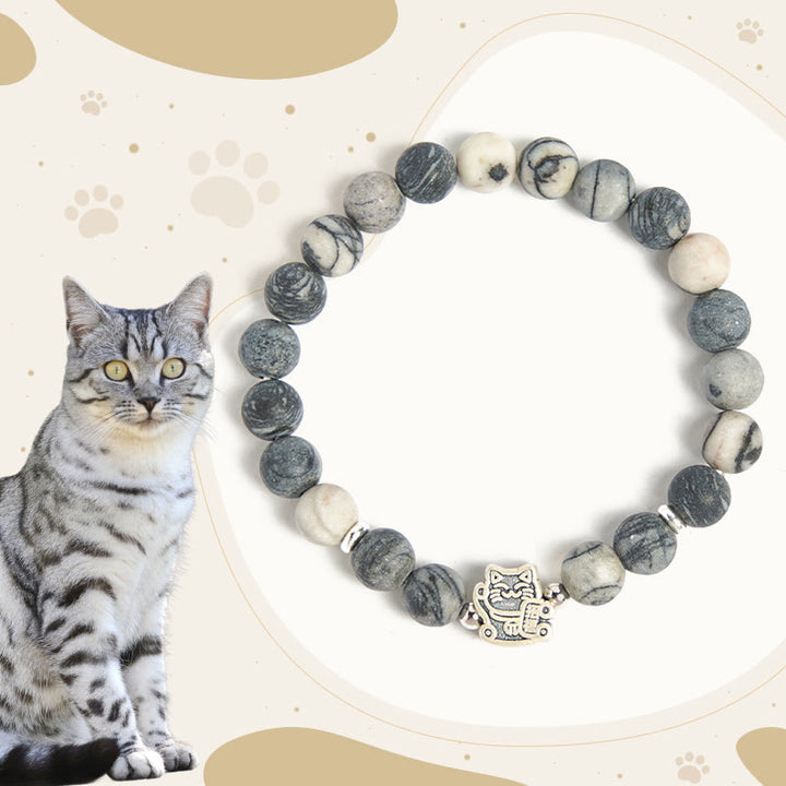 Buddha Stones Stabilitätsarmband aus 925er Sterlingsilber, grau getigerte Katze, natürlicher schwarz geäderter Jaspis - Grau getigerte Katze (Handgelenkumfang 15–16 cm) - image 0