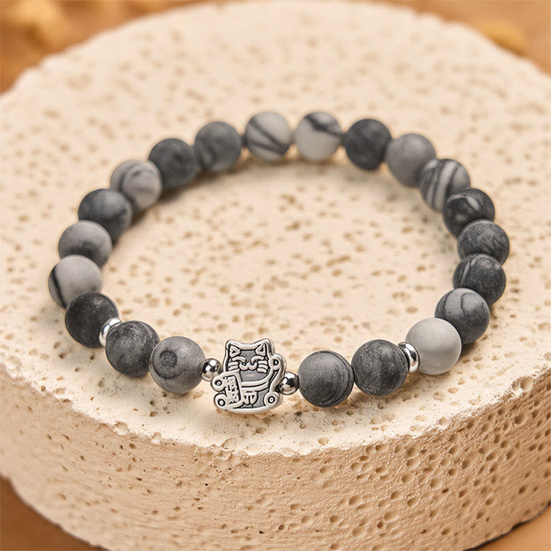 Buddha Stones Stabilitätsarmband aus 925er Sterlingsilber, grau getigerte Katze, natürlicher schwarz geäderter Jaspis - image 3