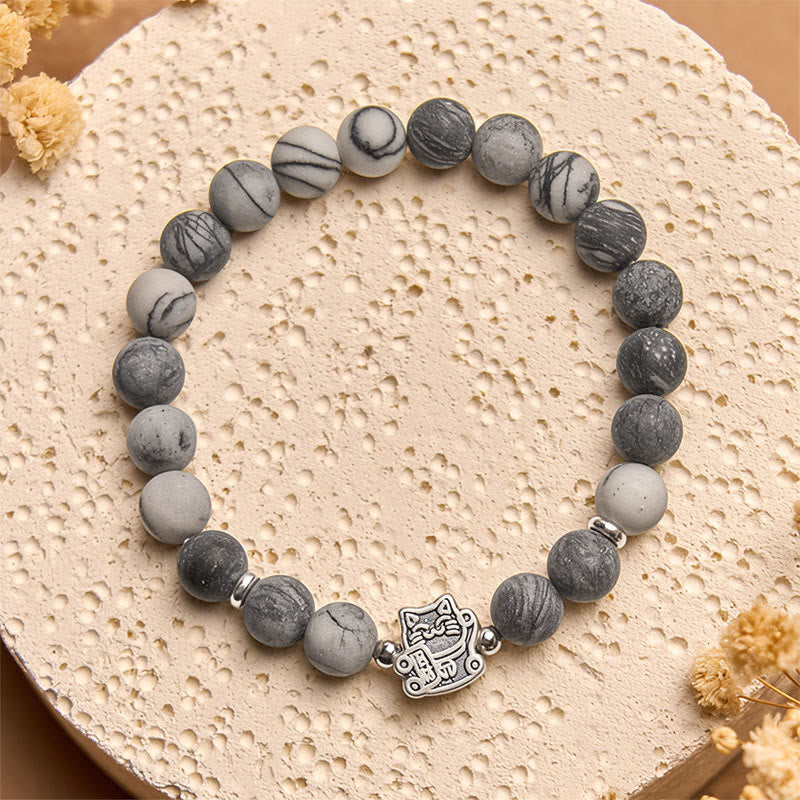 Buddha Stones Stabilitätsarmband aus 925er Sterlingsilber, grau getigerte Katze, natürlicher schwarz geäderter Jaspis - image 2