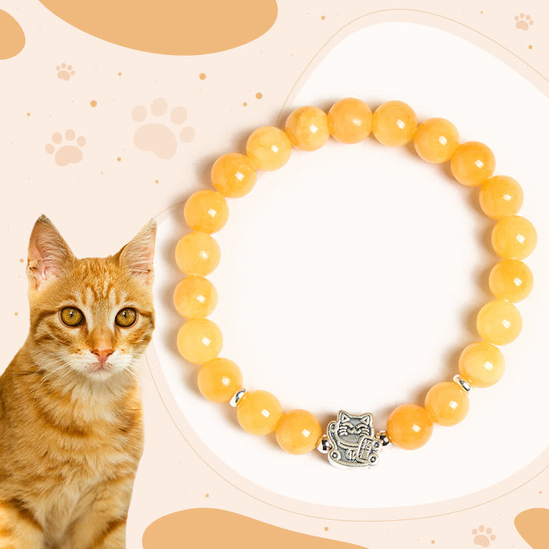Buddha Stones 925 Sterling Silber Orange Tabby Katze Gelb Chalcedon Positivität Armband - Orange getigerte Katze (Handgelenkumfang 15–16 cm) - image 0
