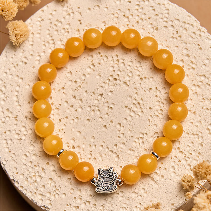 Buddha Stones 925 Sterling Silber Orange Tabby Katze Gelb Chalcedon Positivität Armband - image 3