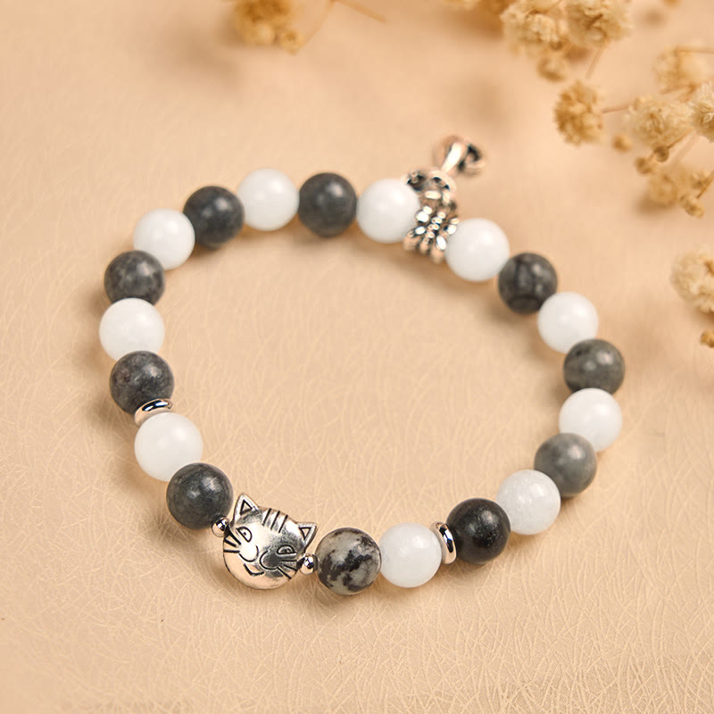 Buddha Stones Stabilitätsarmband, grau getigerte Katze, natürlicher schwarz geäderter Jaspis, weißer Chalcedon - image 1