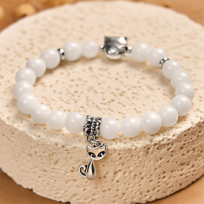 Buddha Stones Weiße Katze Natürliche weiße Chalcedon Perle Positive Armband - image 3