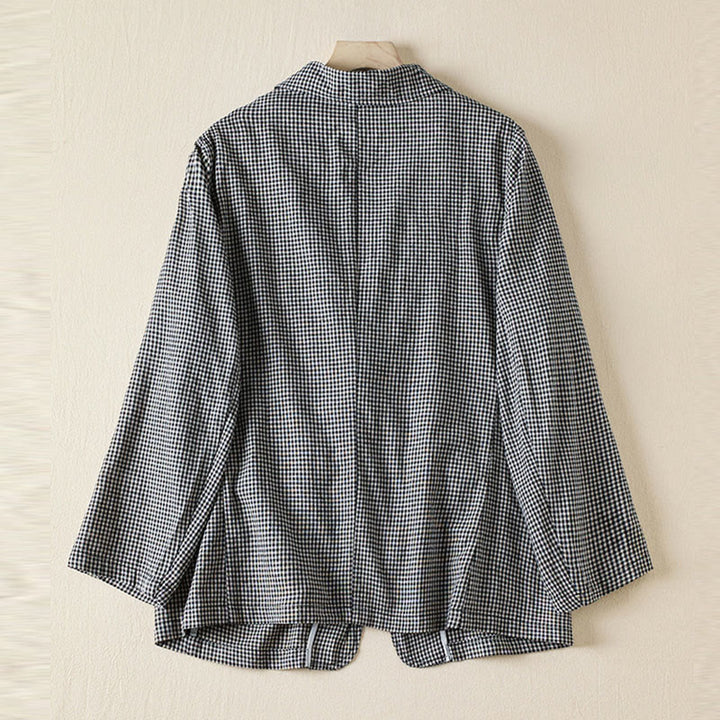 Buddha Stones Commute Plaid Pattern Damen-Baumwolljacke mit Revers und langen Ärmeln und Taschen - image 1