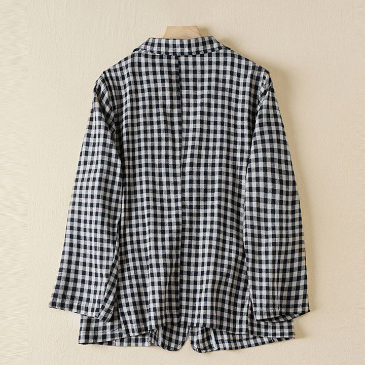 Buddha Stones Commute Plaid Pattern Damen-Baumwolljacke mit Revers und langen Ärmeln und Taschen - image 8