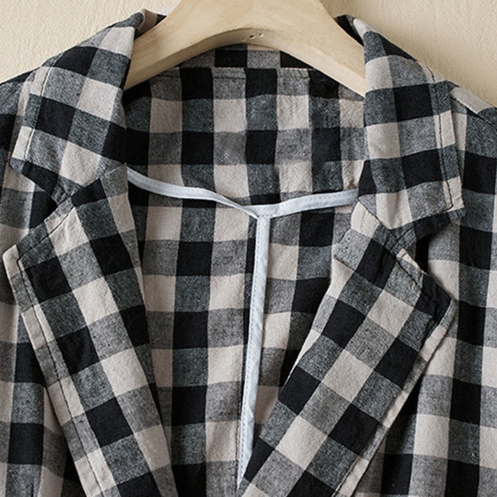 Buddha Stones Commute Plaid Pattern Damen-Baumwolljacke mit Revers und langen Ärmeln und Taschen - image 19