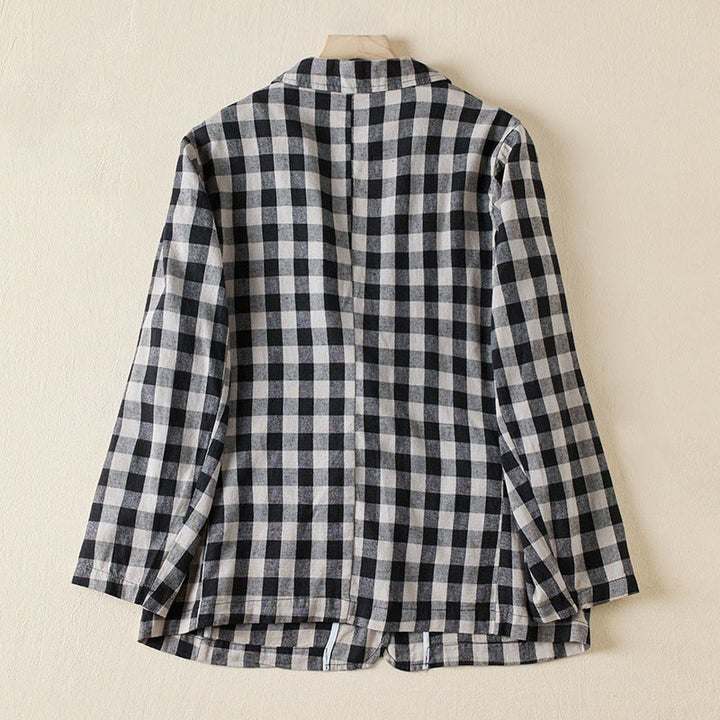 Buddha Stones Commute Plaid Pattern Damen-Baumwolljacke mit Revers und langen Ärmeln und Taschen - image 18