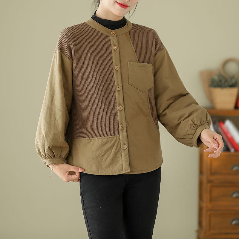 Buddha Stones Commute Damen-Langarmjacke aus Baumwolle mit schlichtem Patchwork-Design und Tasche - image 3