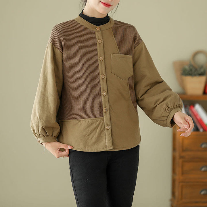 Buddha Stones Commute Damen-Langarmjacke aus Baumwolle mit schlichtem Patchwork-Design und Tasche - image 3