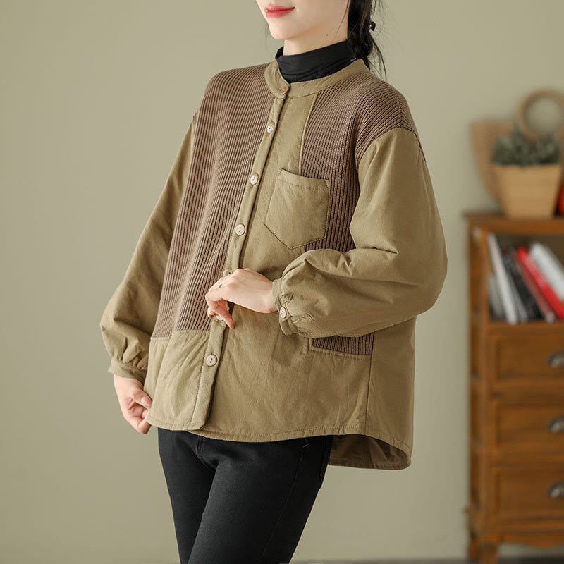 Buddha Stones Commute Damen-Langarmjacke aus Baumwolle mit schlichtem Patchwork-Design und Tasche - image 1