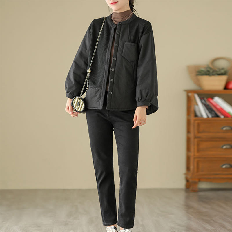 Buddha Stones Commute Damen-Langarmjacke aus Baumwolle mit schlichtem Patchwork-Design und Tasche - image 14