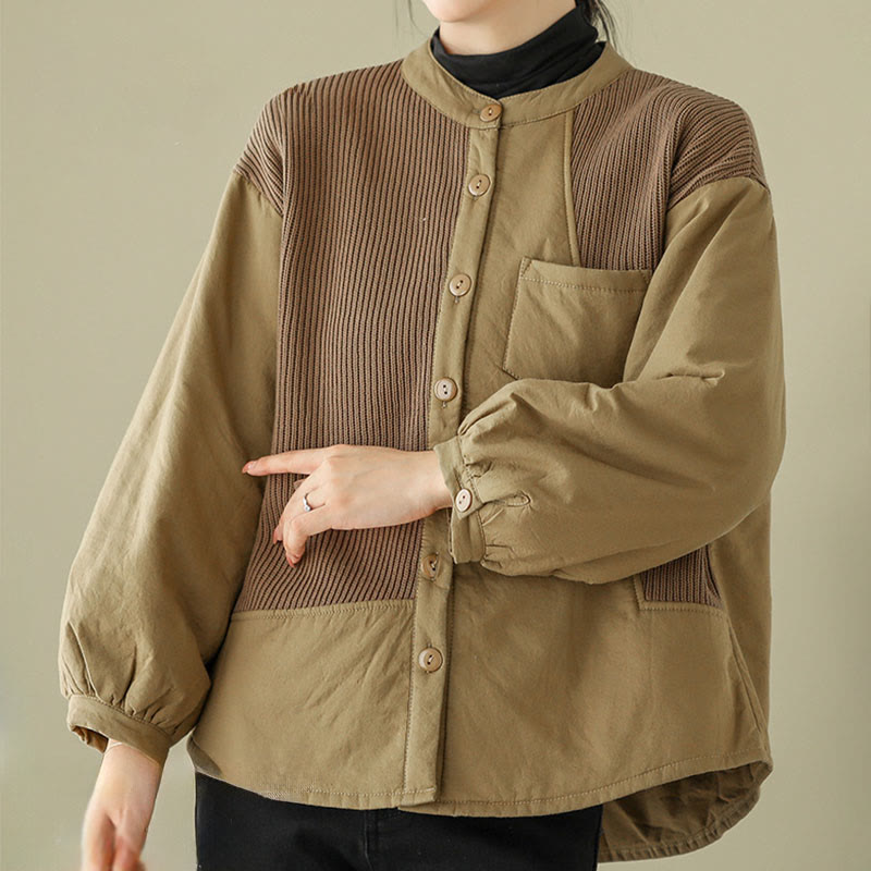 Buddha Stones Commute Damen-Langarmjacke aus Baumwolle mit schlichtem Patchwork-Design und Tasche - image 4