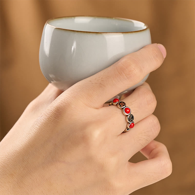 Buddha Stones Jade Südroter Achat Kupfermünze Wohlstand Glück Offener Ring - image 12