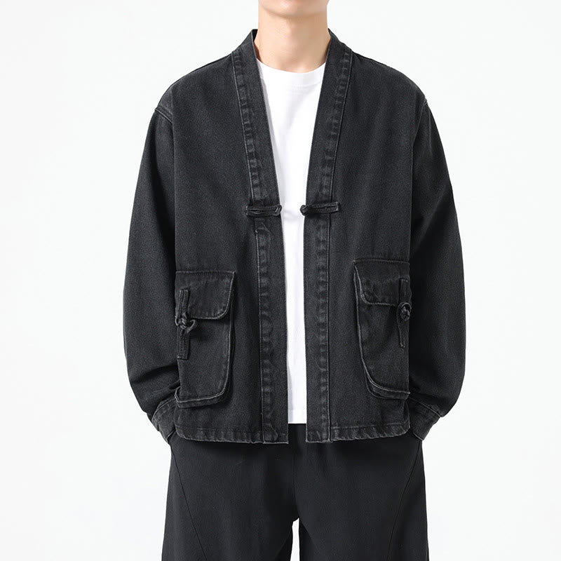 Buddha Stones Denim Button Design Herren-Baumwoll-Langarmjacke mit Taschen - Schwarz - US/ UK/AU48，EU58 (5XL) - image 0