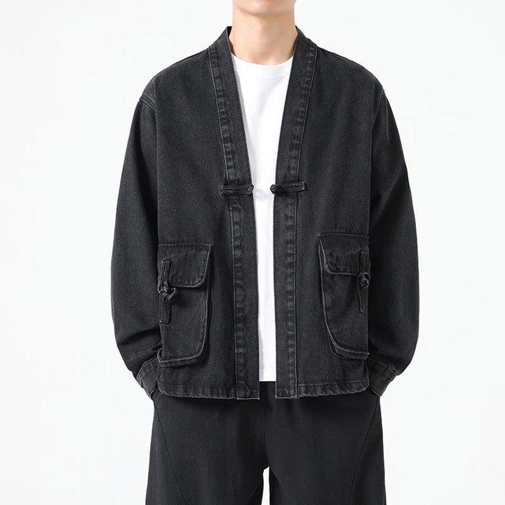 Buddha Stones Denim Button Design Herren-Baumwoll-Langarmjacke mit Taschen - Schwarz - US/ UK/AU48，EU58 (5XL) - image 0