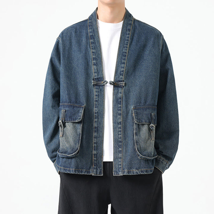 Buddha Stones Denim Button Design Herren-Baumwoll-Langarmjacke mit Taschen - Stahlblau - US/ UK/AU48，EU58 (5XL) - image 18