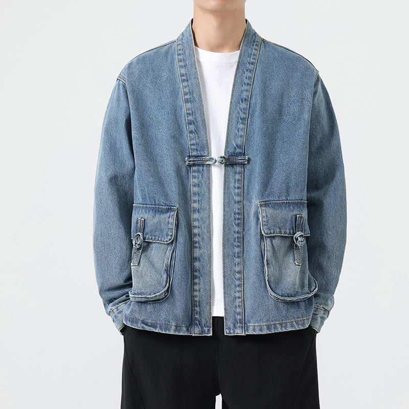 Buddha Stones Denim Button Design Herren-Baumwoll-Langarmjacke mit Taschen - Hellblau - US/ UK/AU48, EU58 (5XL) - image 11