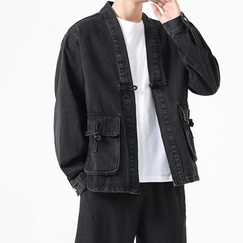 Buddha Stones Denim Button Design Herren-Baumwoll-Langarmjacke mit Taschen - image 1