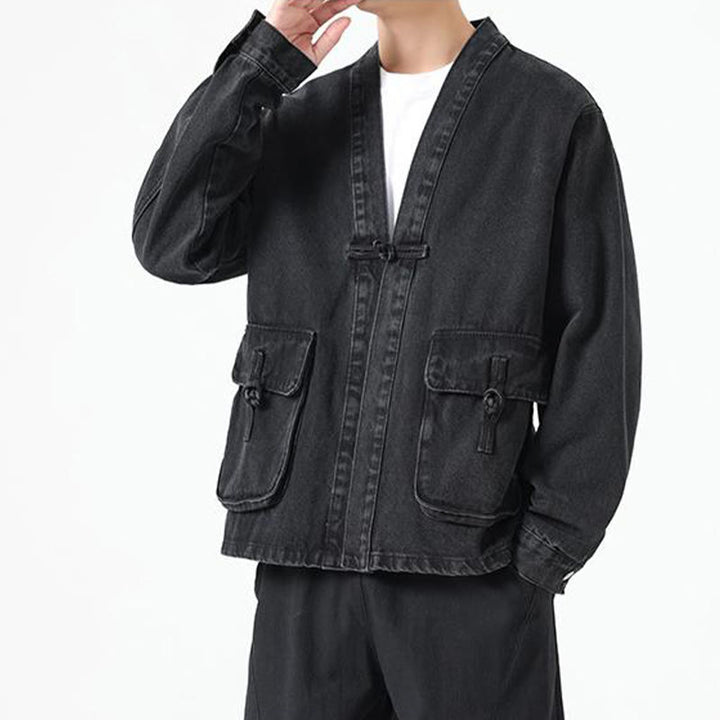 Buddha Stones Denim Button Design Herren-Baumwoll-Langarmjacke mit Taschen - image 3