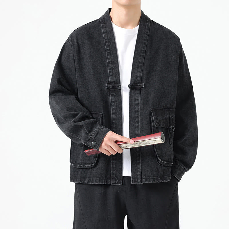 Buddha Stones Denim Button Design Herren-Baumwoll-Langarmjacke mit Taschen - image 2