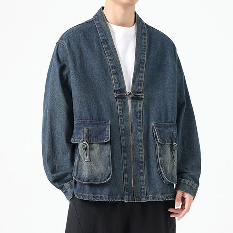 Buddha Stones Denim Button Design Herren-Baumwoll-Langarmjacke mit Taschen - image 23