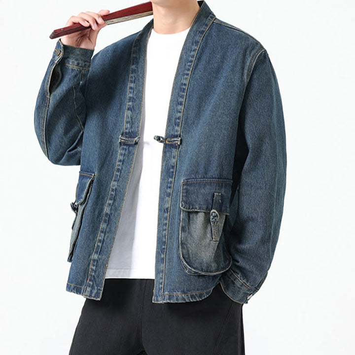 Buddha Stones Denim Button Design Herren-Baumwoll-Langarmjacke mit Taschen - image 21